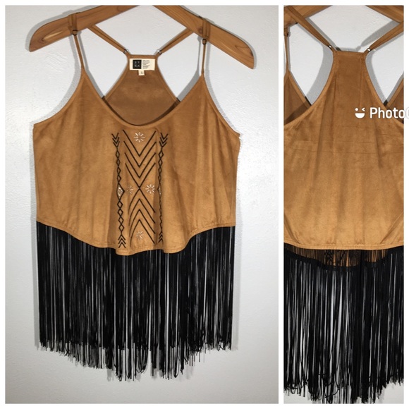 Lira Tops - Faux Tan Suede and Black Fringe Tank Top Festival